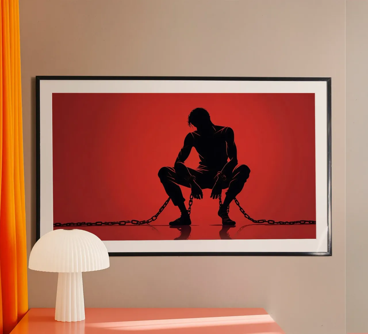Rappresentazione artistica di un uomo in catene su sfondo rosso carta hahnemühle da DesignDoodle