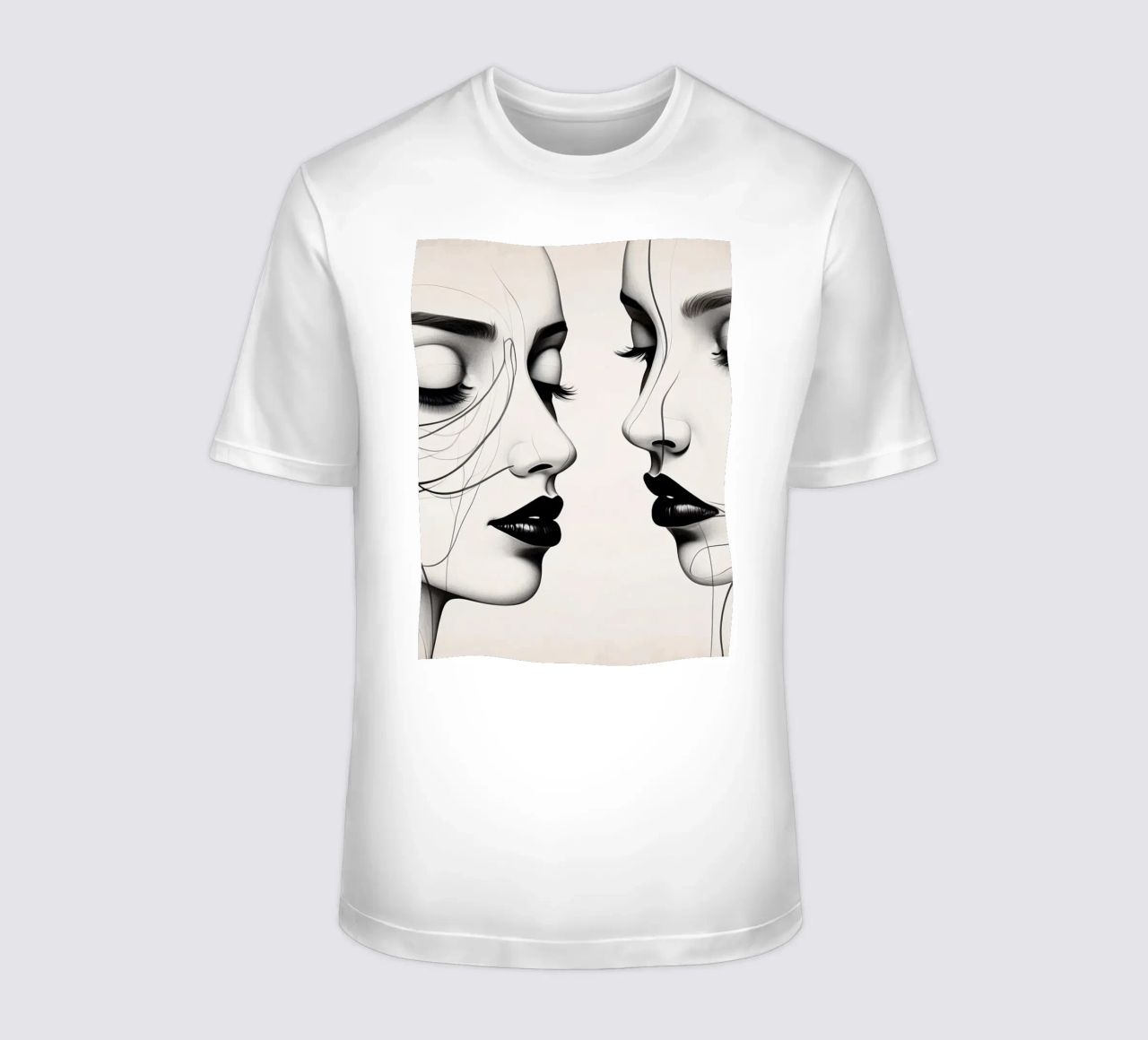 Due eleganti volti di profilo che mostrano un'intricata line art. t-shirt da DesignDoodle
