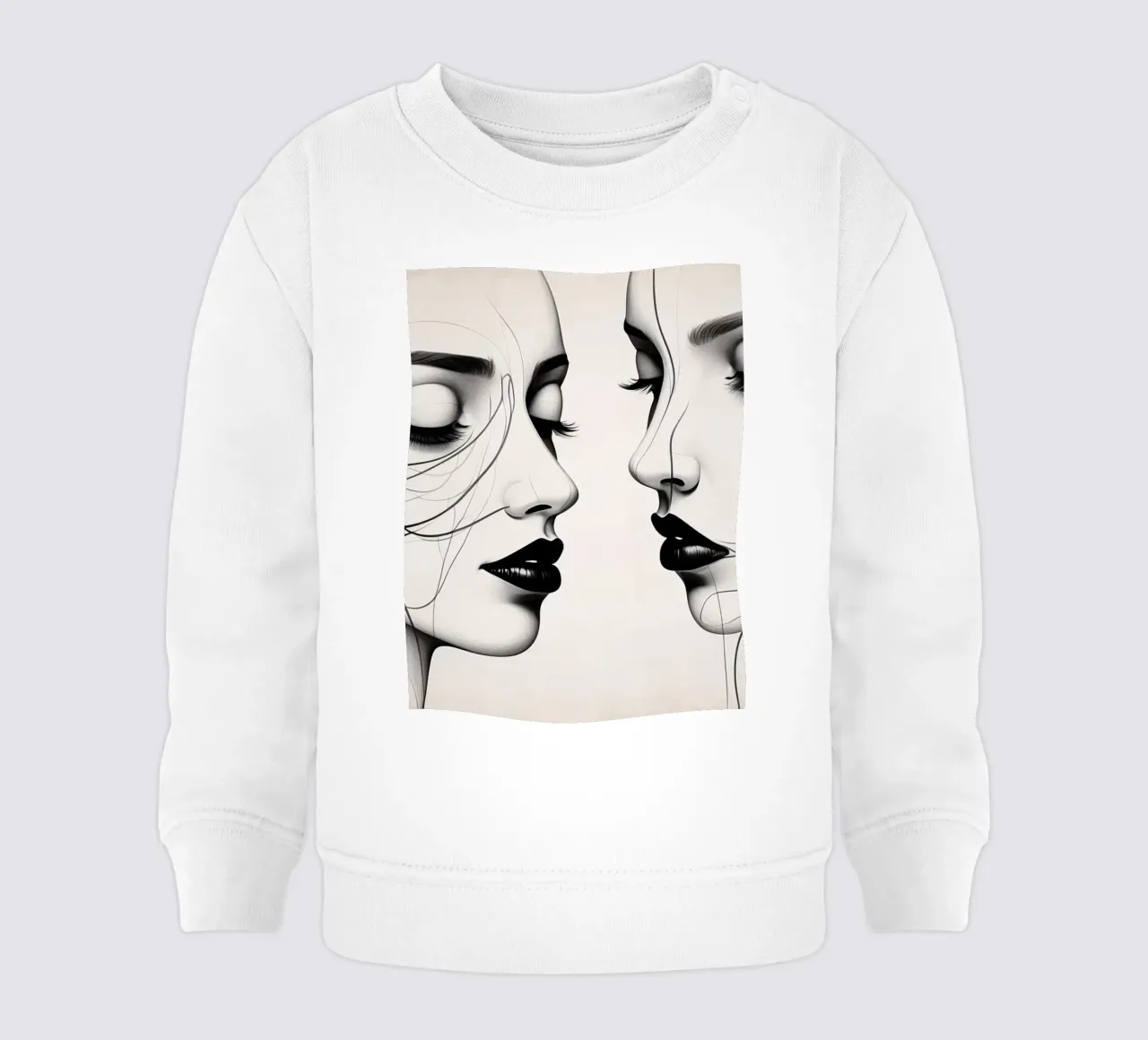 Two elegant faces in profile showcasing intricate line art baby sweatshirt by DesignDoodle