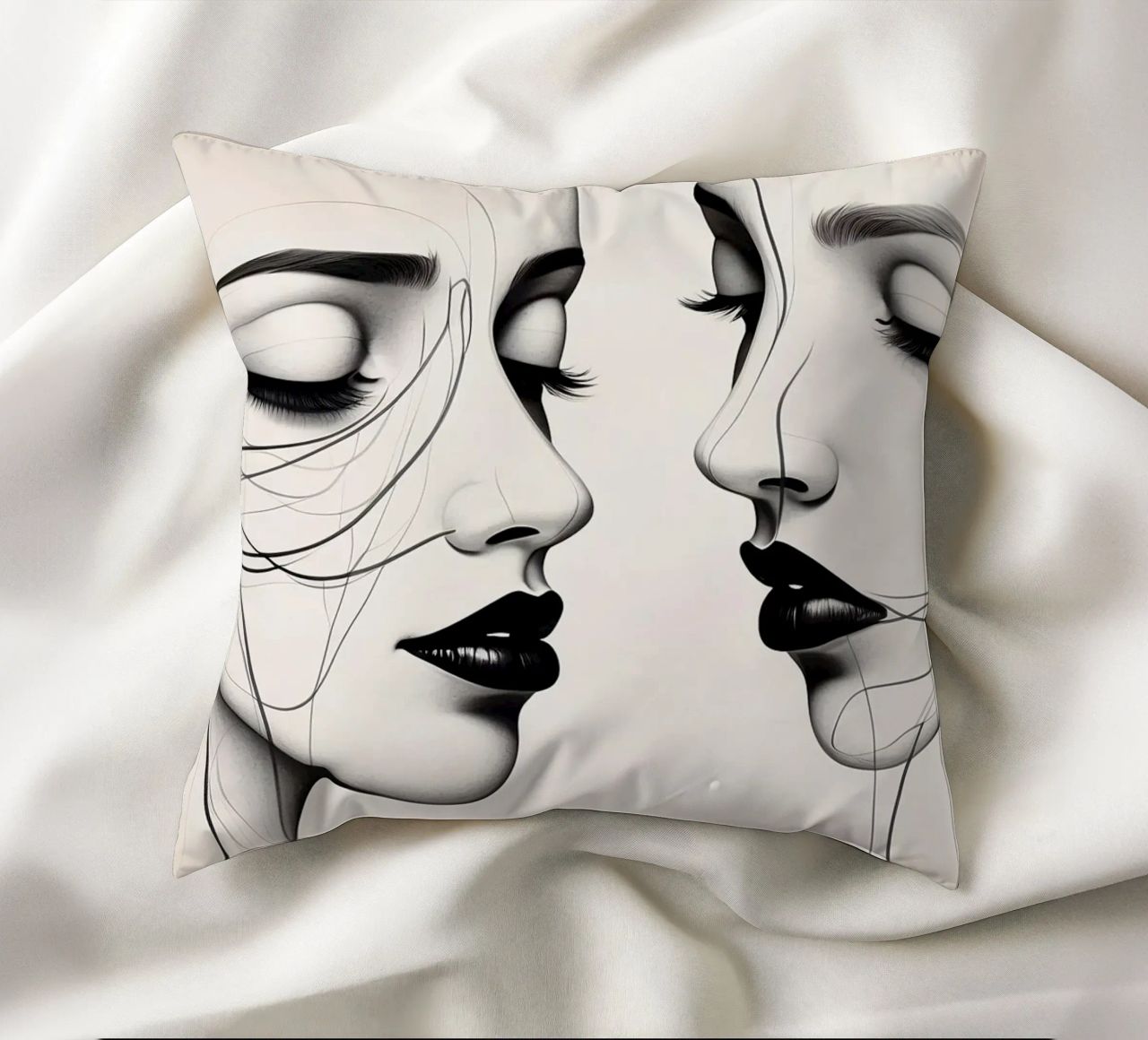 Due eleganti volti di profilo che mostrano un'intricata line art. cuscino da DesignDoodle