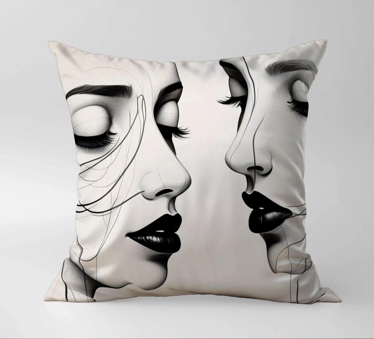 Due eleganti volti di profilo che mostrano un'intricata line art. cuscino da DesignDoodle