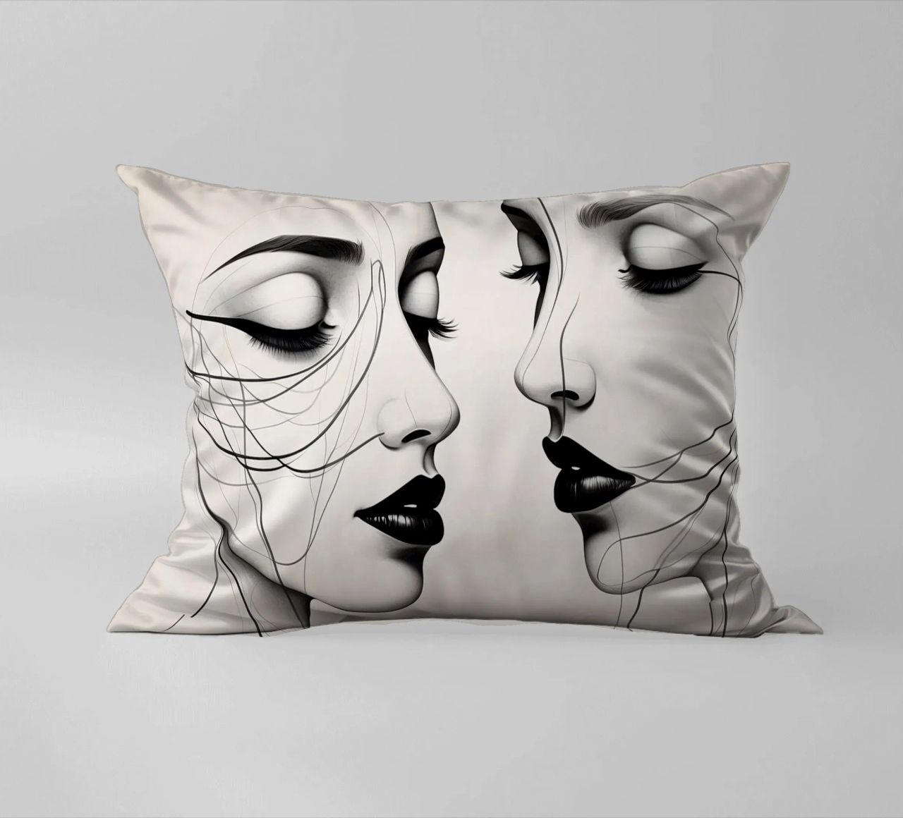 Due eleganti volti di profilo che mostrano un'intricata line art. cuscino da DesignDoodle