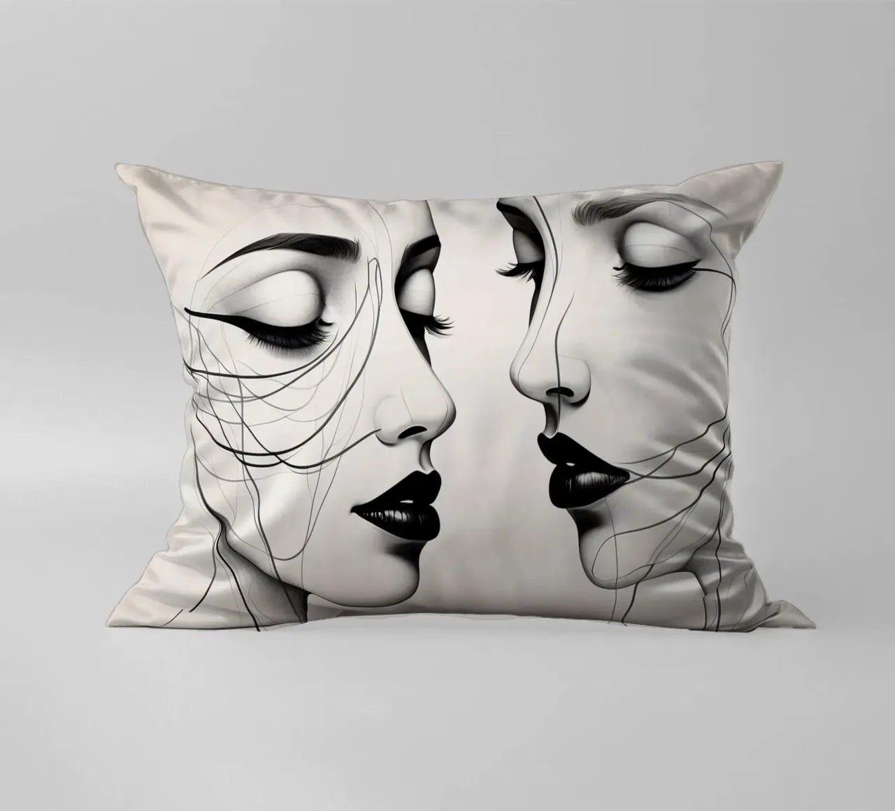 Dos elegantes rostros de perfil que muestran un intrincado arte lineal cojín de DesignDoodle