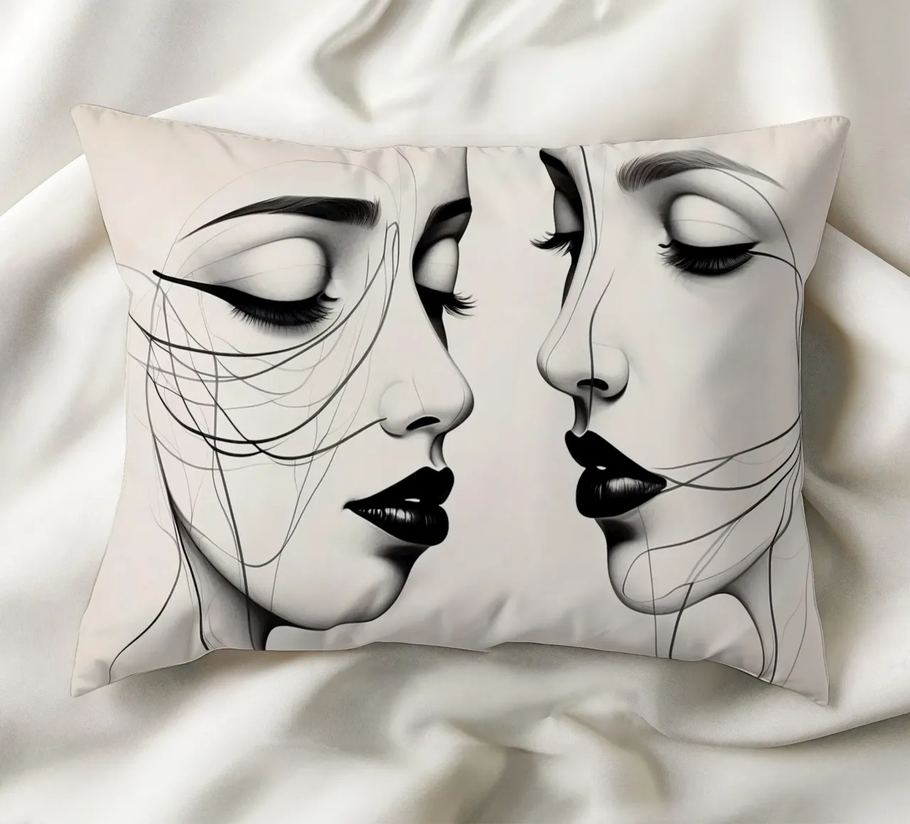 Due eleganti volti di profilo che mostrano un'intricata line art. cuscino da DesignDoodle