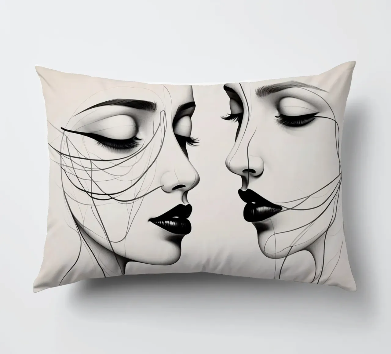 Dos elegantes rostros de perfil que muestran un intrincado arte lineal cojín de DesignDoodle