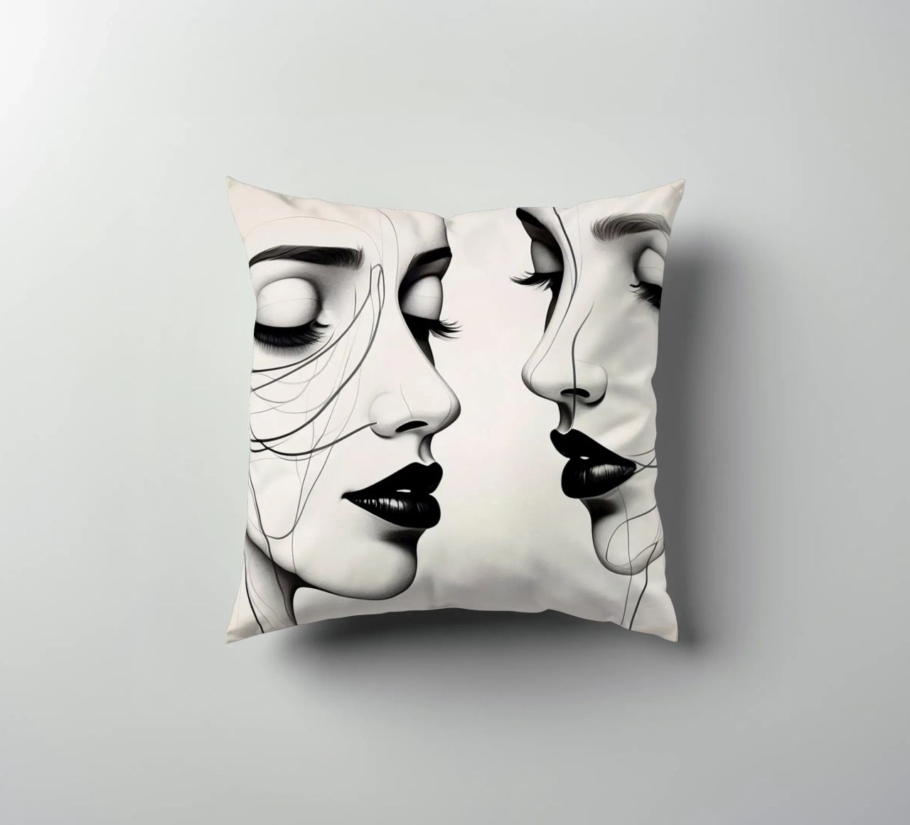 Due eleganti volti di profilo che mostrano un'intricata line art. cuscino da DesignDoodle