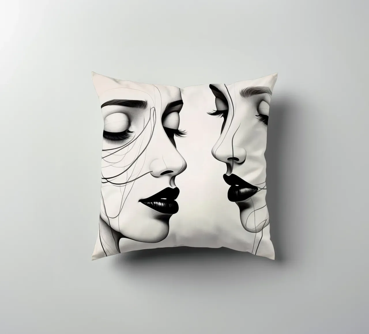 Dos elegantes rostros de perfil que muestran un intrincado arte lineal cojín de DesignDoodle