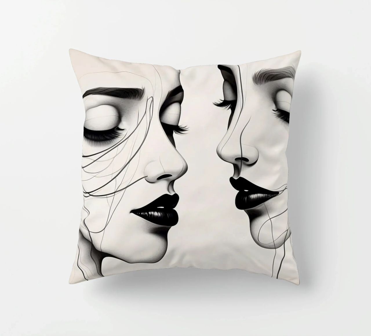 Due eleganti volti di profilo che mostrano un'intricata line art. cuscino da DesignDoodle