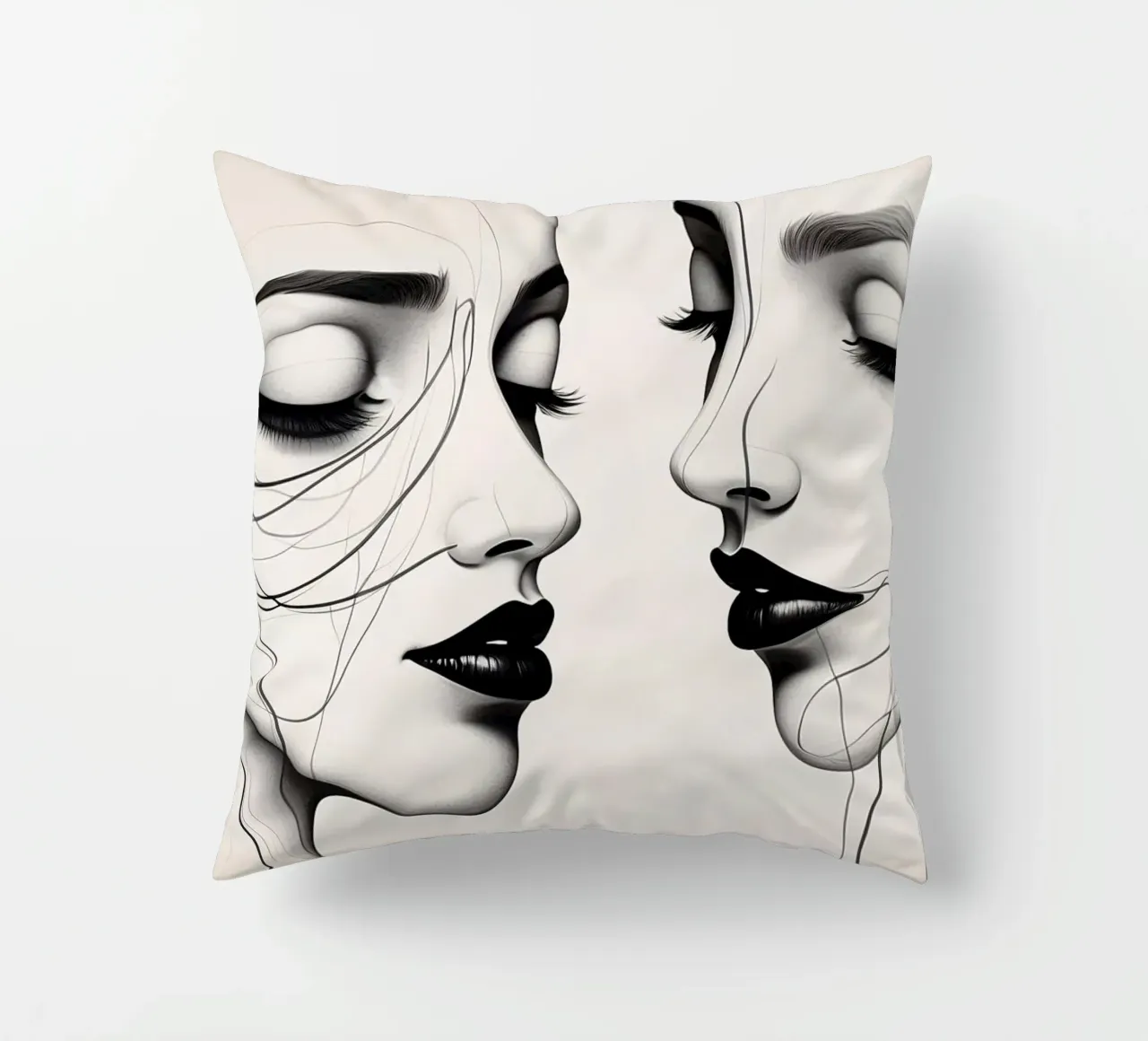 Dos elegantes rostros de perfil que muestran un intrincado arte lineal cojín de DesignDoodle