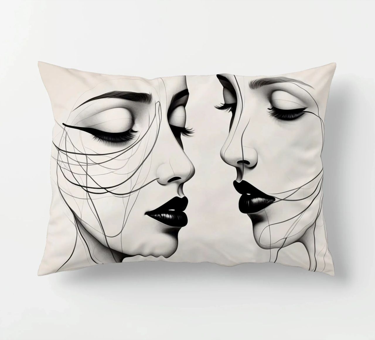 Due eleganti volti di profilo che mostrano un'intricata line art. cuscino da DesignDoodle