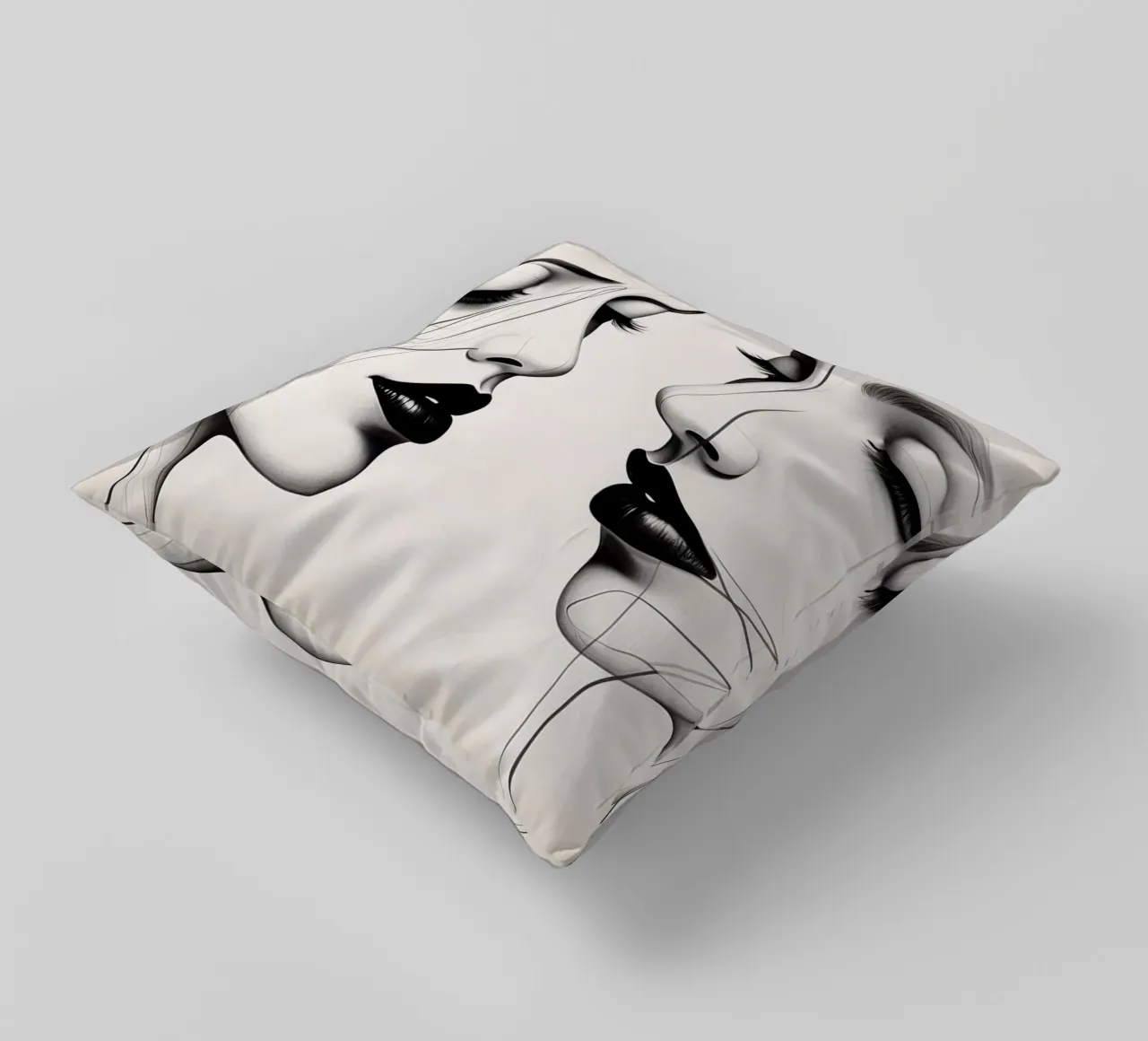 Due eleganti volti di profilo che mostrano un'intricata line art. cuscino da DesignDoodle