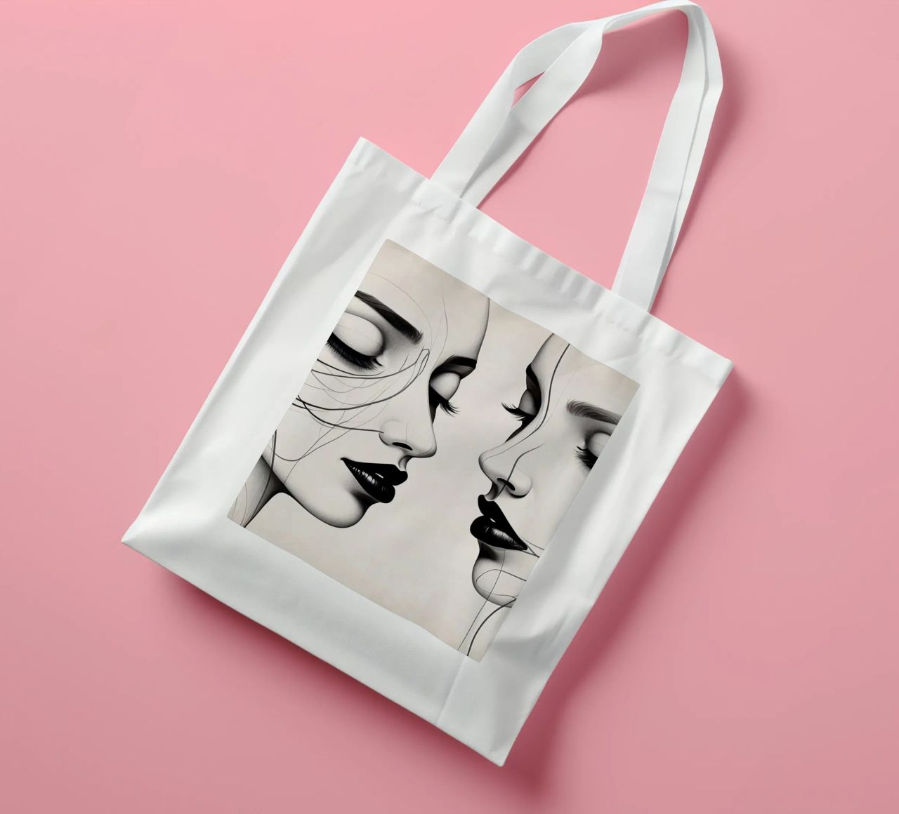 Due eleganti volti di profilo che mostrano un'intricata line art. borsa in juta da DesignDoodle