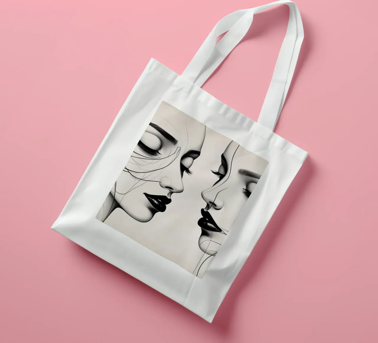 Due eleganti volti di profilo che mostrano un'intricata line art. borsa in juta da DesignDoodle