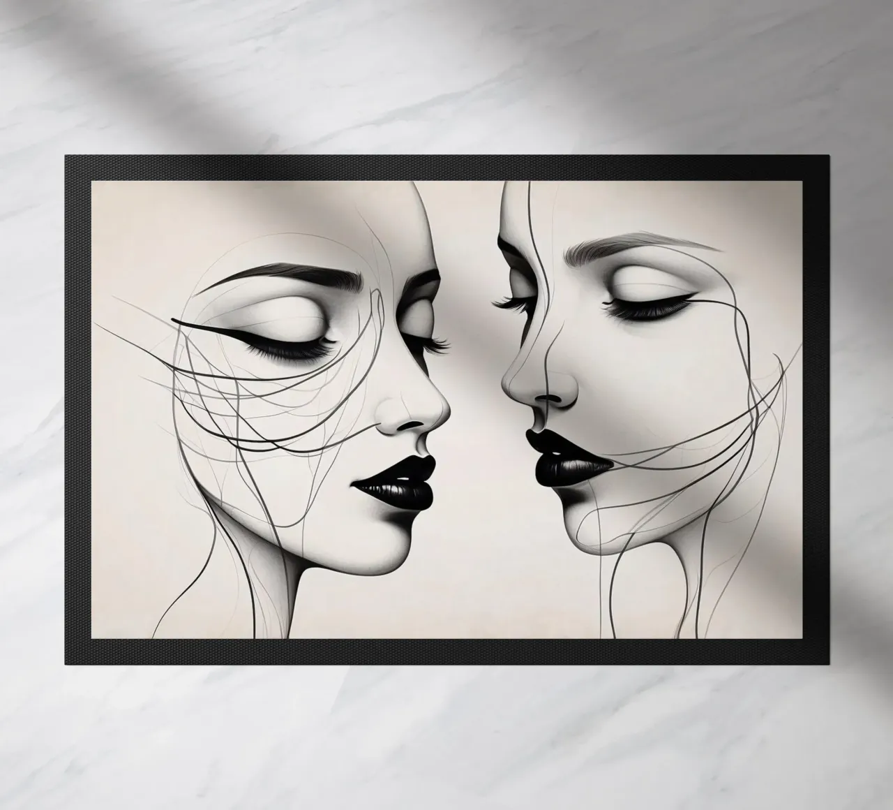 Due eleganti volti di profilo che mostrano un'intricata line art. zerbino da DesignDoodle