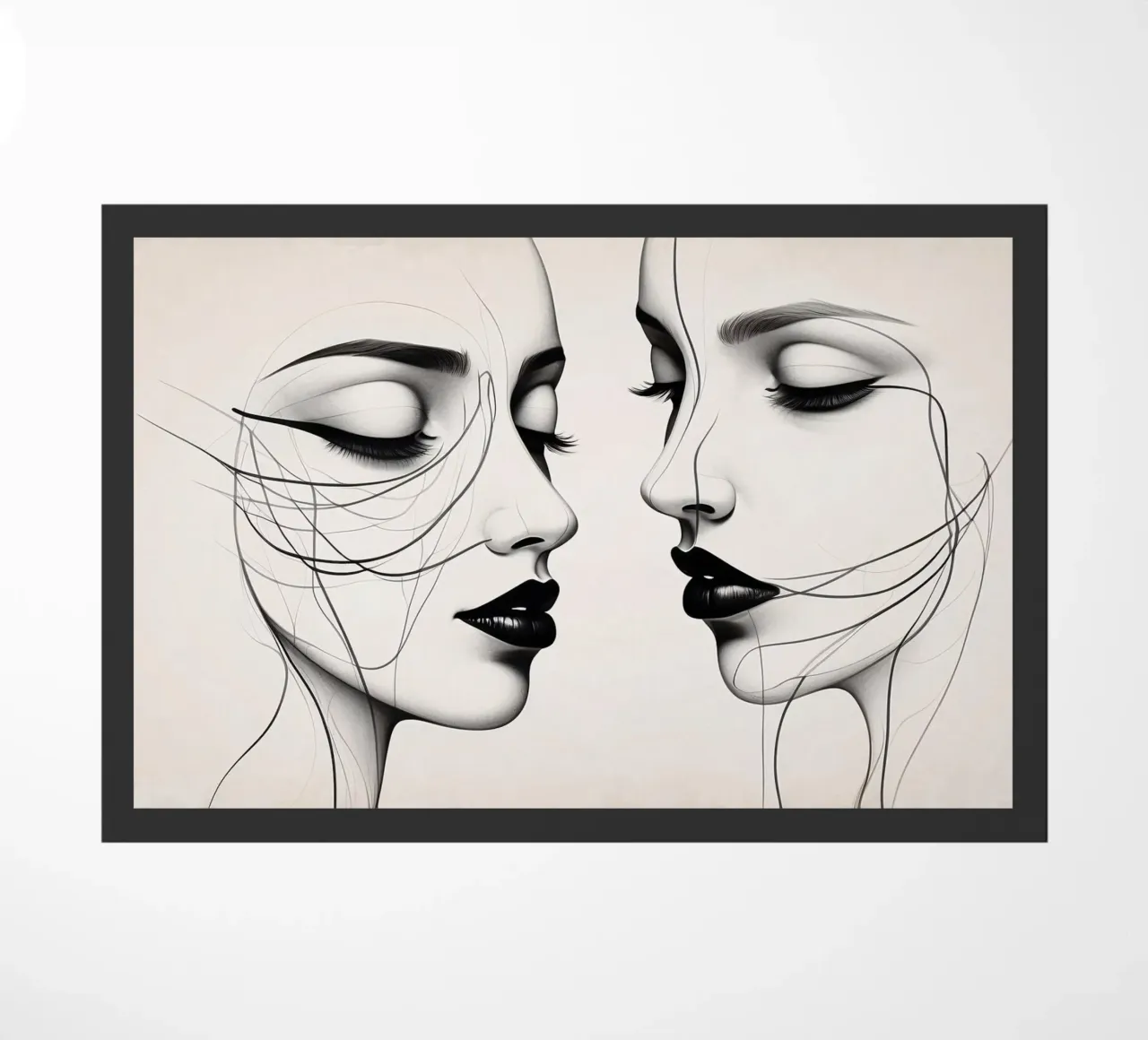 Due eleganti volti di profilo che mostrano un'intricata line art. zerbino da DesignDoodle