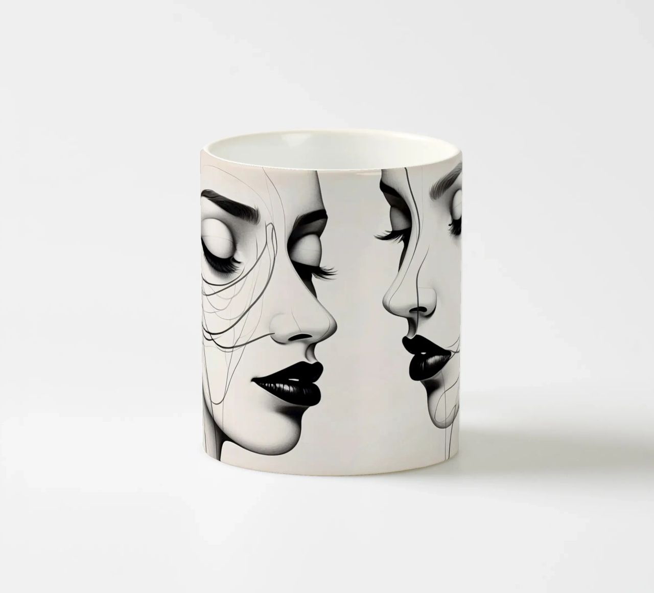 Due eleganti volti di profilo che mostrano un'intricata line art. tazza in ceramica da DesignDoodle