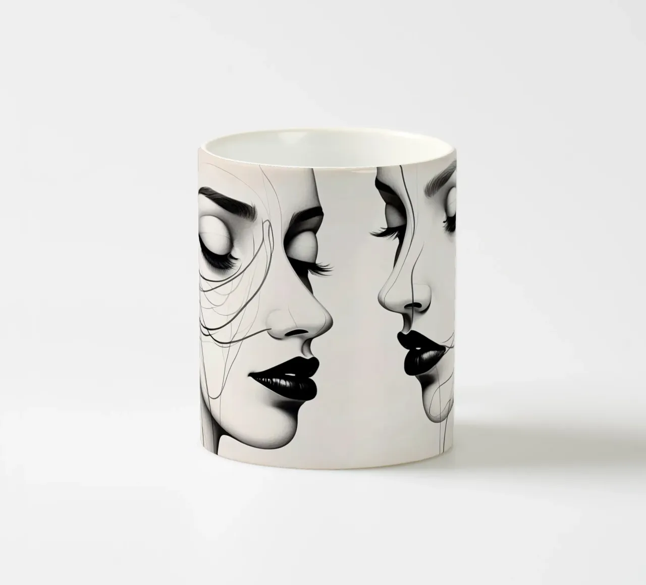 Dos elegantes rostros de perfil que muestran un intrincado arte lineal taza de cerámica de DesignDoodle