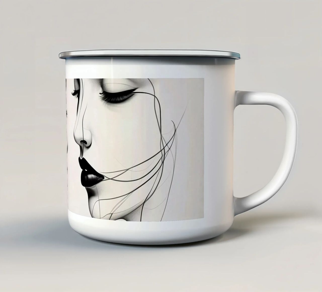 Due eleganti volti di profilo che mostrano un'intricata line art. tazza in smalto da DesignDoodle