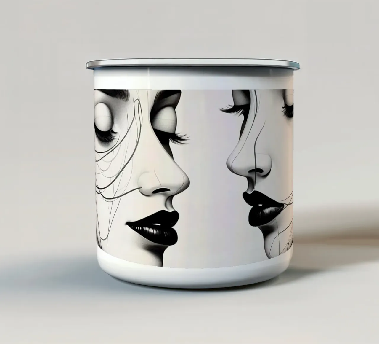 Twee elegante gezichten in profiel met ingewikkelde lijntekeningen emaille mok van DesignDoodle
