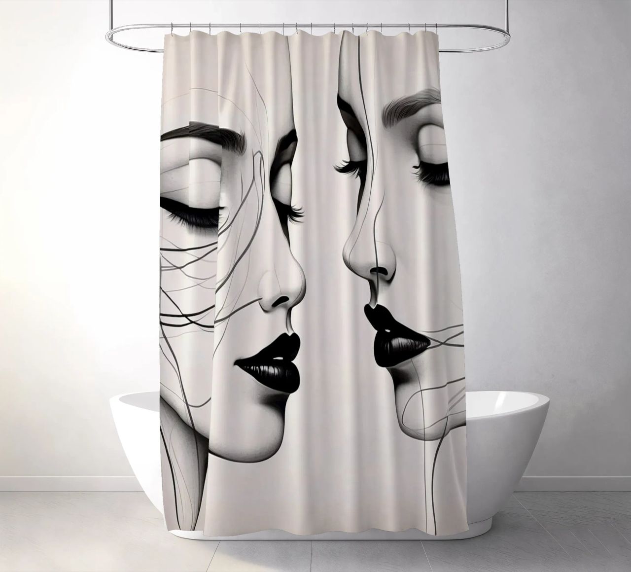 Due eleganti volti di profilo che mostrano un'intricata line art. tenda da doccia da DesignDoodle