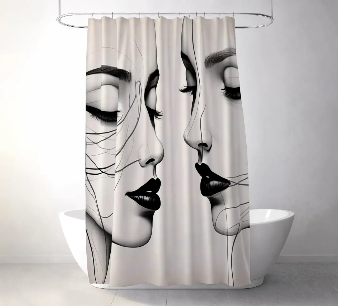 Due eleganti volti di profilo che mostrano un'intricata line art. tenda da doccia da DesignDoodle