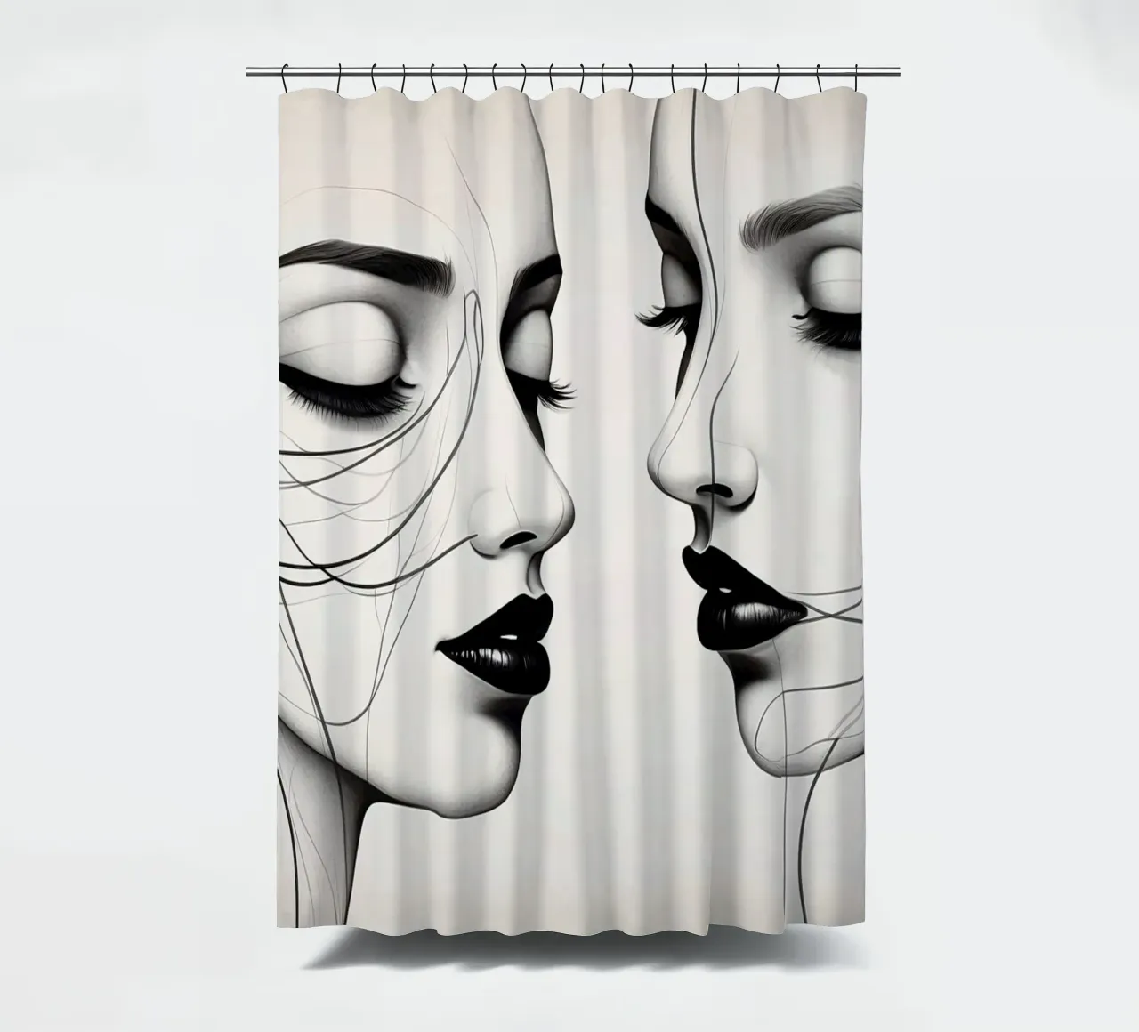 Due eleganti volti di profilo che mostrano un'intricata line art. tenda da doccia da DesignDoodle