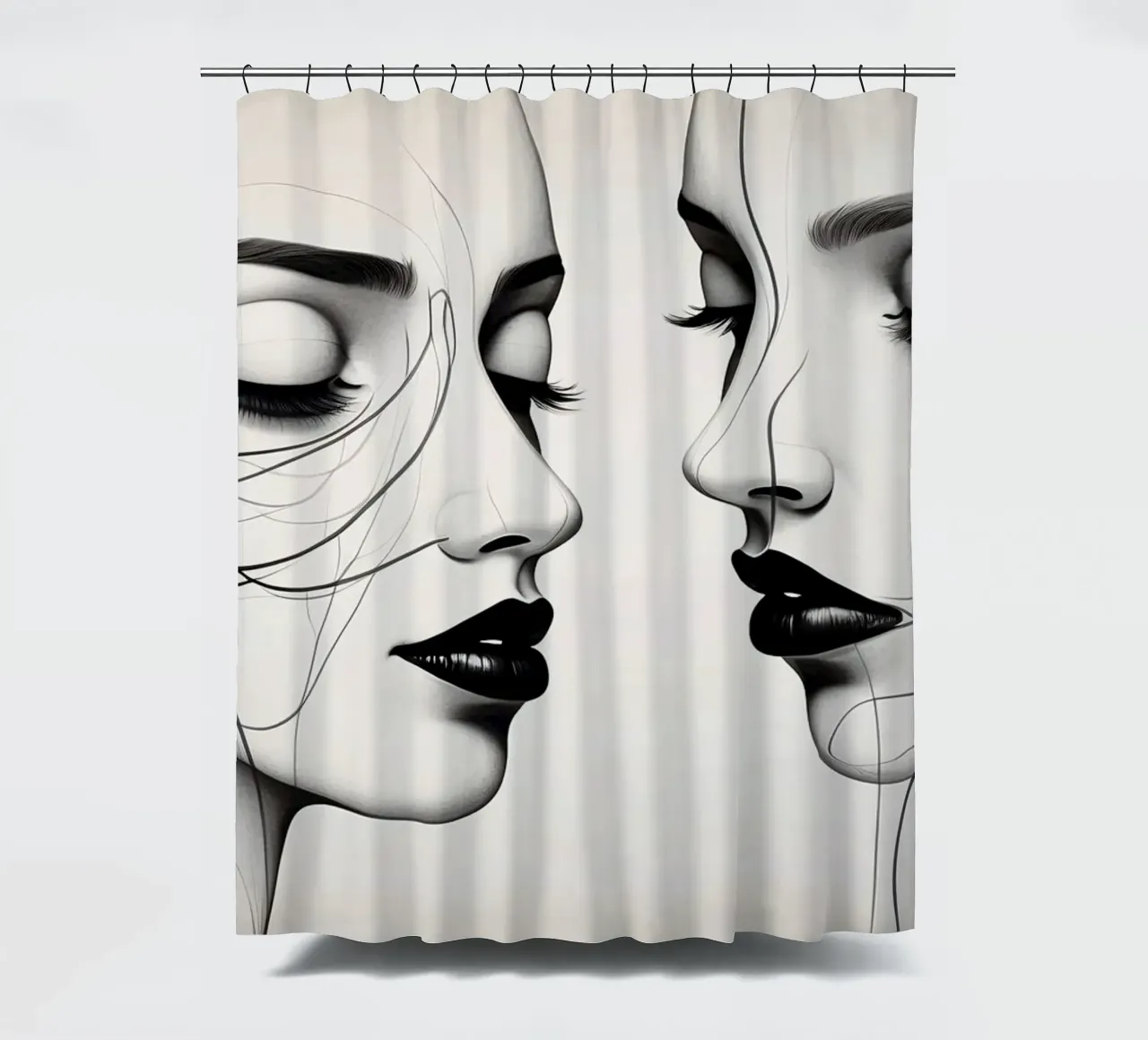 Due eleganti volti di profilo che mostrano un'intricata line art. tenda da doccia da DesignDoodle