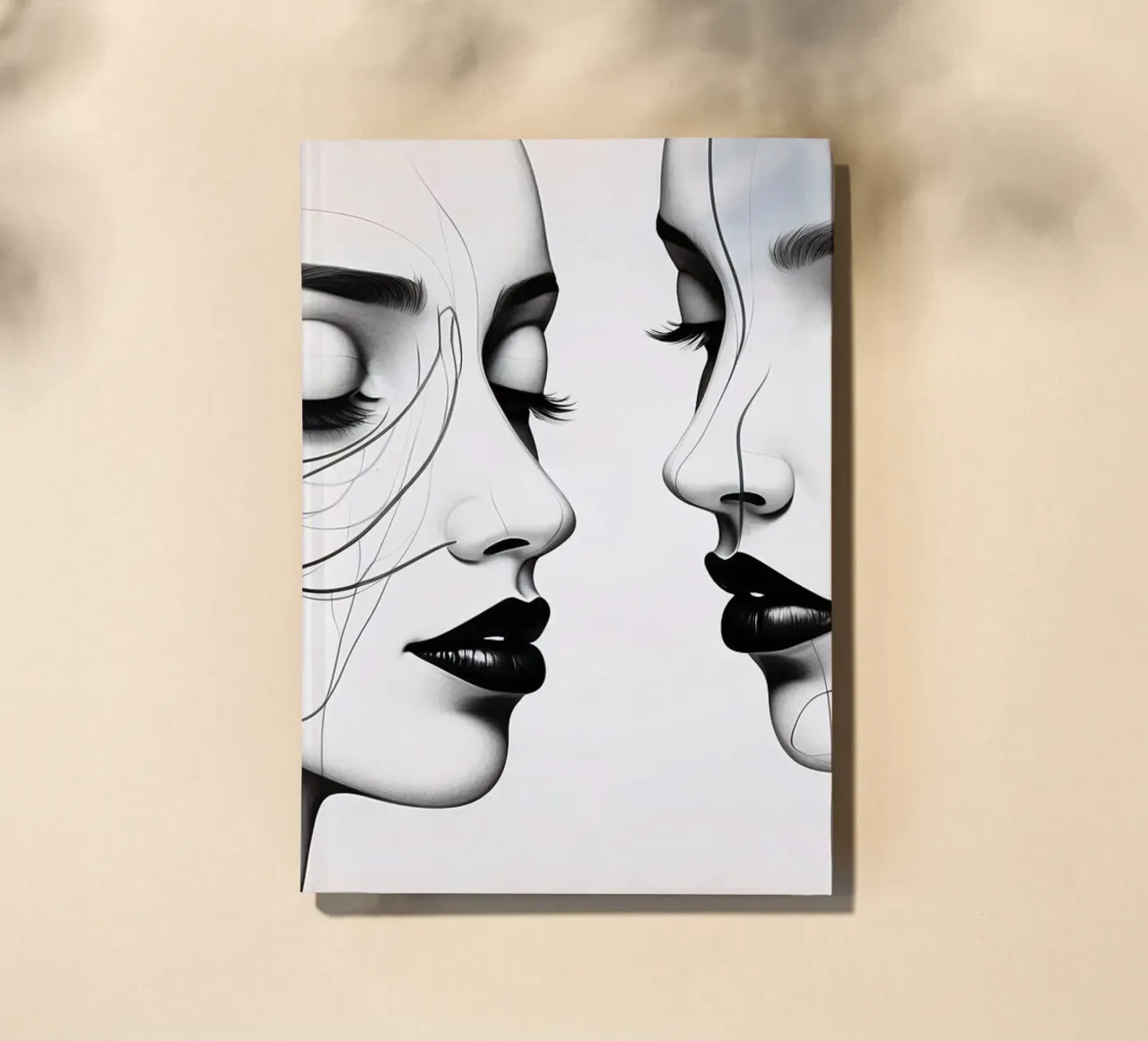 Two elegant faces in profile showcasing intricate line art notebook by DesignDoodle