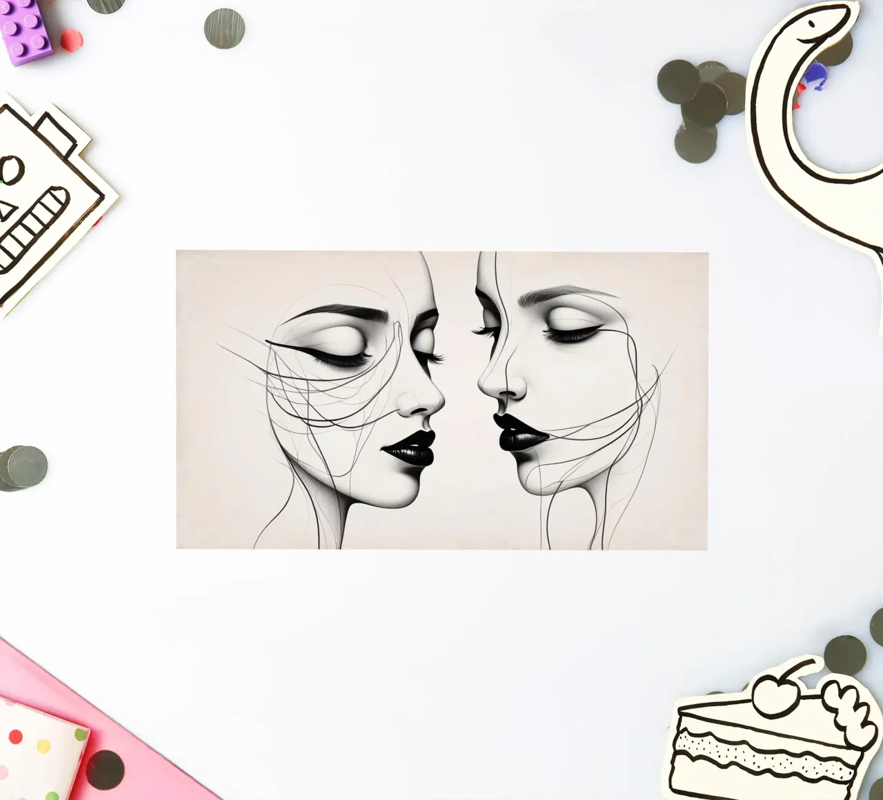 Due eleganti volti di profilo che mostrano un'intricata line art. adesivo da DesignDoodle