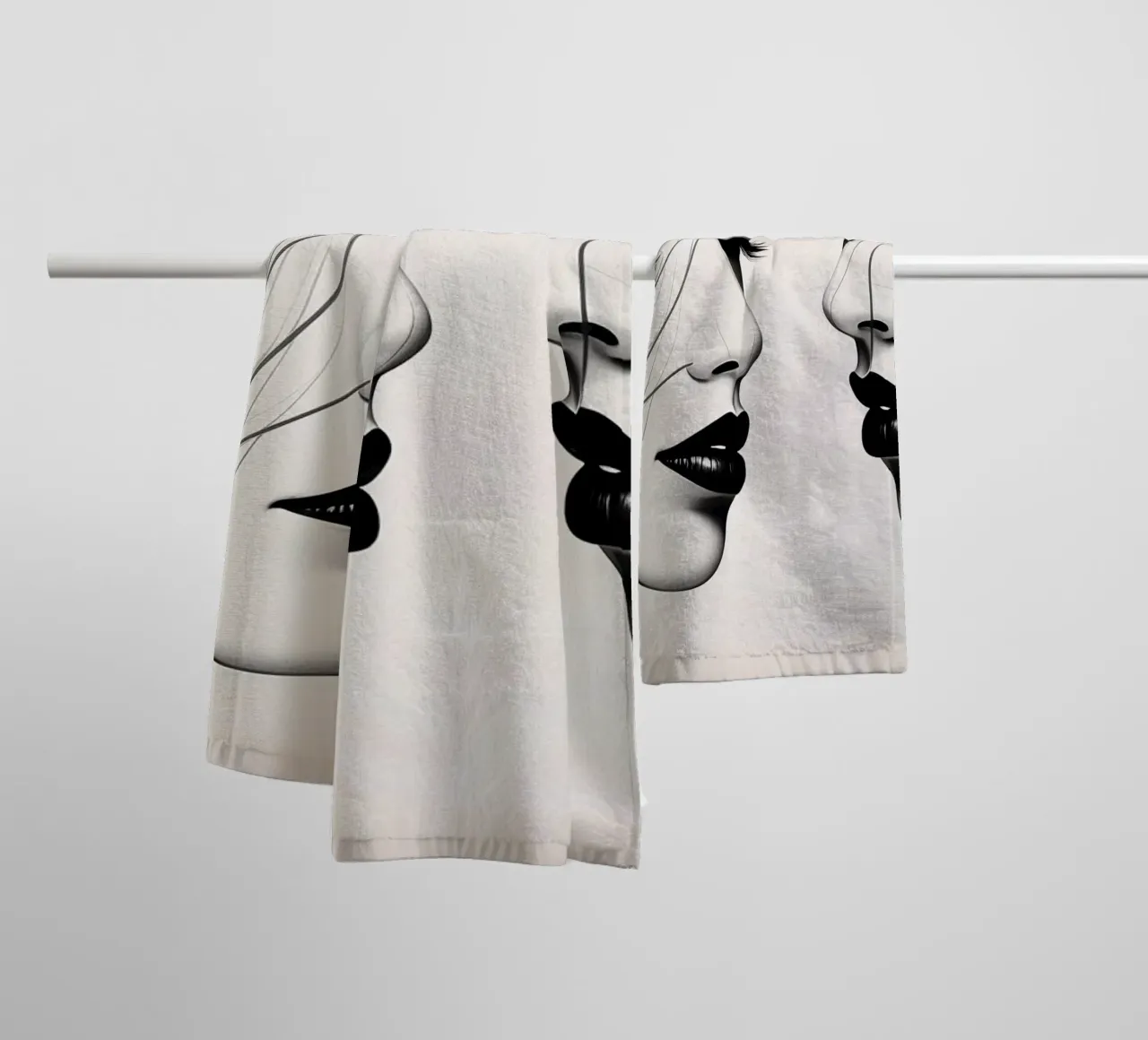 Two elegant faces in profile showcasing intricate line art towel by DesignDoodle