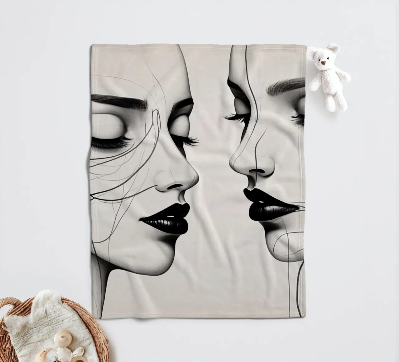 Due eleganti volti di profilo che mostrano un'intricata line art. coperta in pile da DesignDoodle