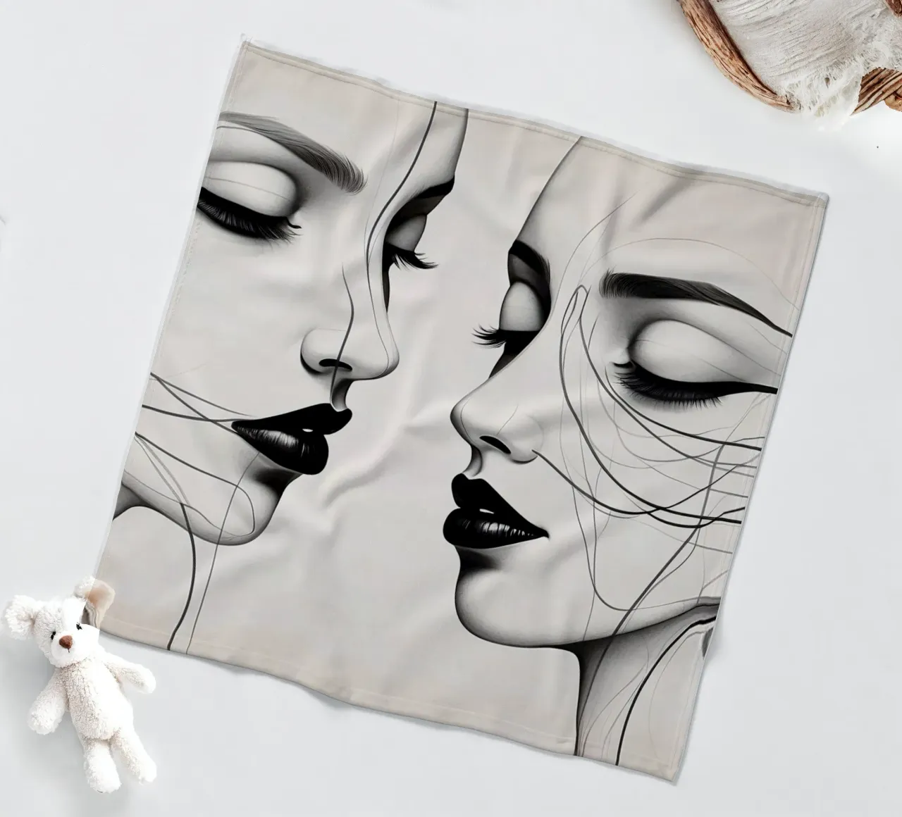 Due eleganti volti di profilo che mostrano un'intricata line art. coperta in pile da DesignDoodle