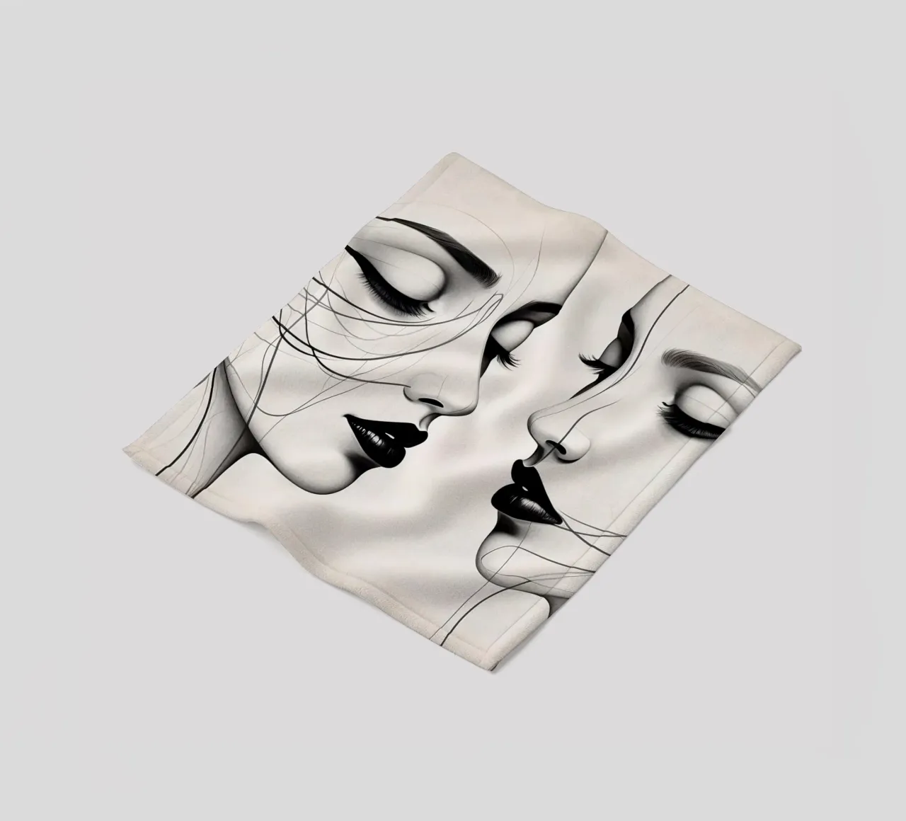 Two elegant faces in profile showcasing intricate line art fleece blanket by DesignDoodle
