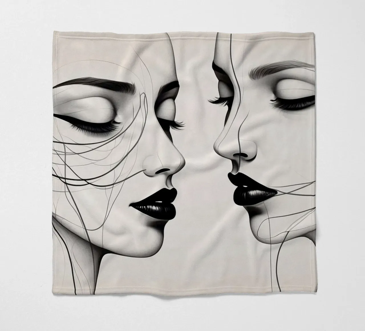 Two elegant faces in profile showcasing intricate line art fleece blanket by DesignDoodle