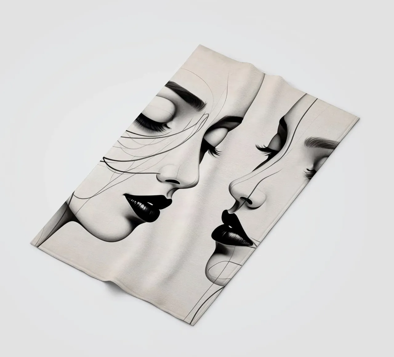 Two elegant faces in profile showcasing intricate line art fleece blanket by DesignDoodle