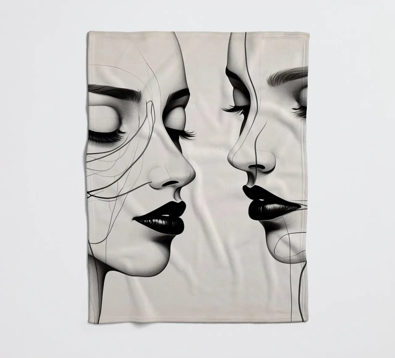 Two elegant faces in profile showcasing intricate line art fleece blanket by DesignDoodle