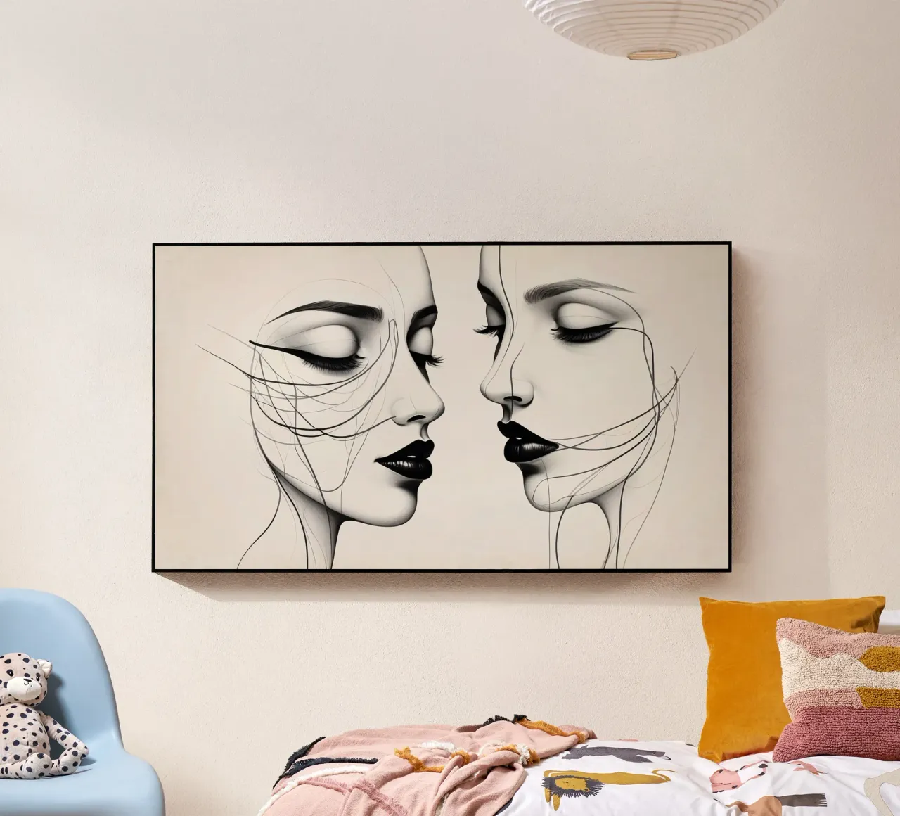 Due eleganti volti di profilo che mostrano un'intricata line art. plexiglass da DesignDoodle