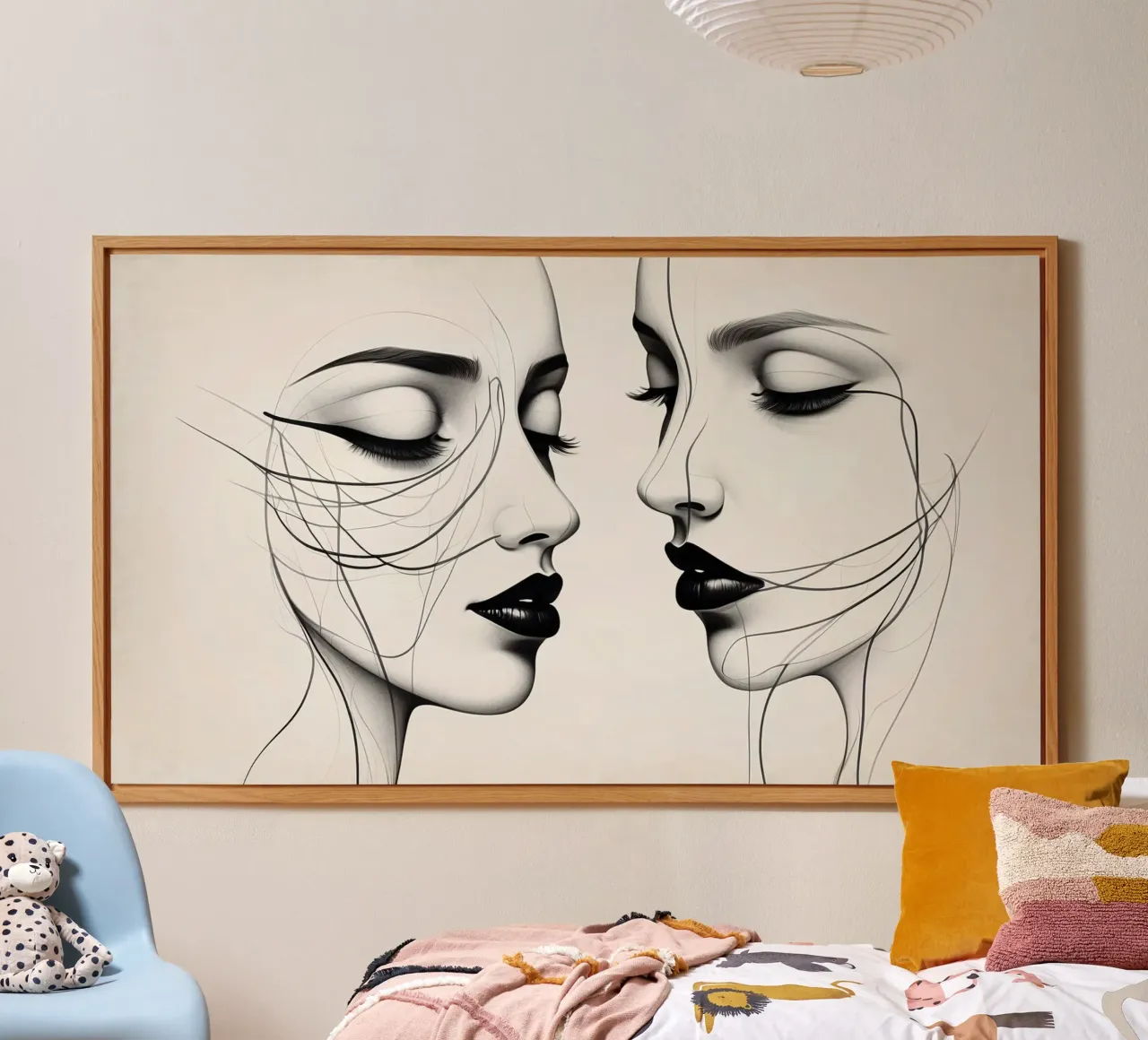 Dos elegantes rostros de perfil que muestran un intrincado arte lineal aluminio dibond de DesignDoodle