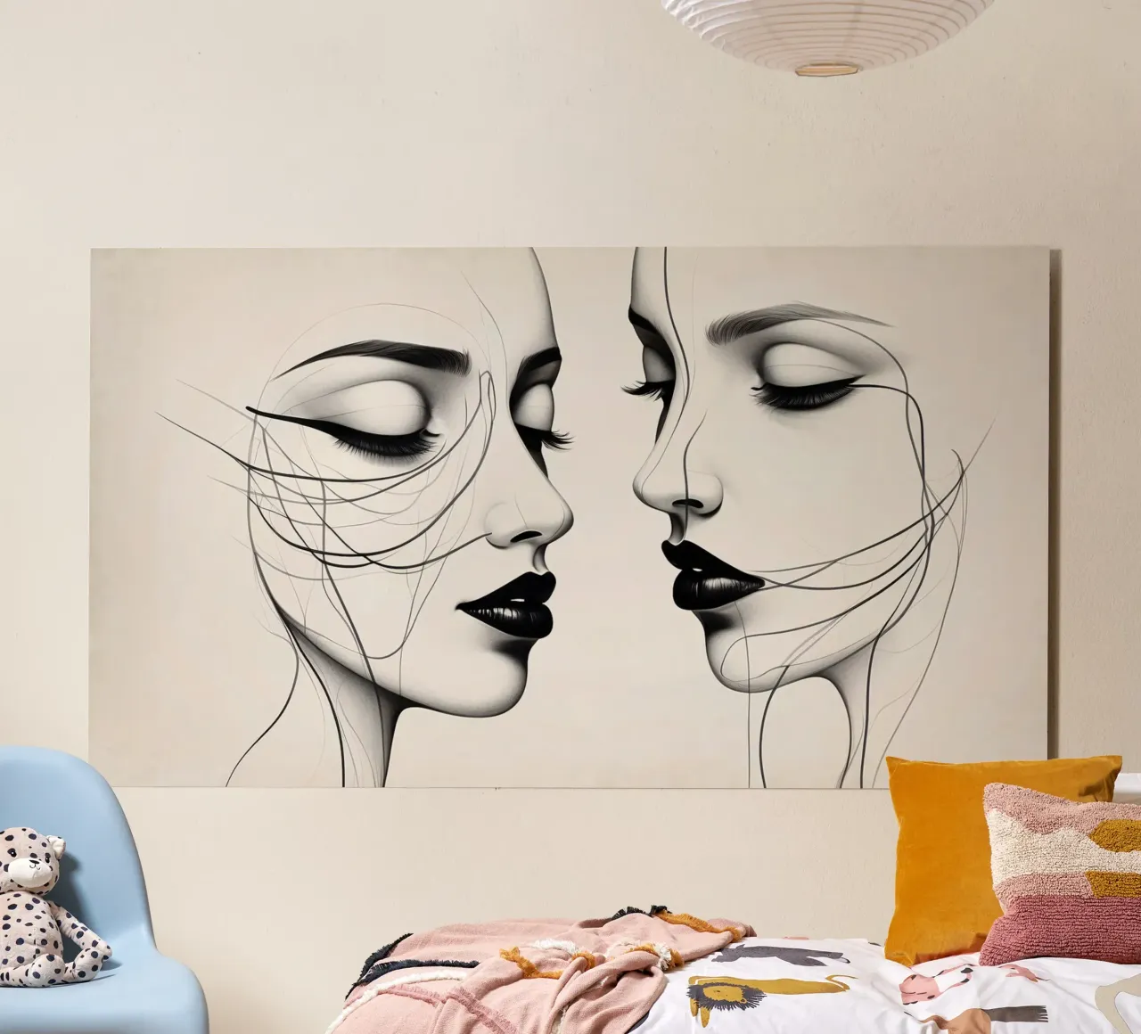 Dos elegantes rostros de perfil que muestran un intrincado arte lineal aluminio dibond de DesignDoodle