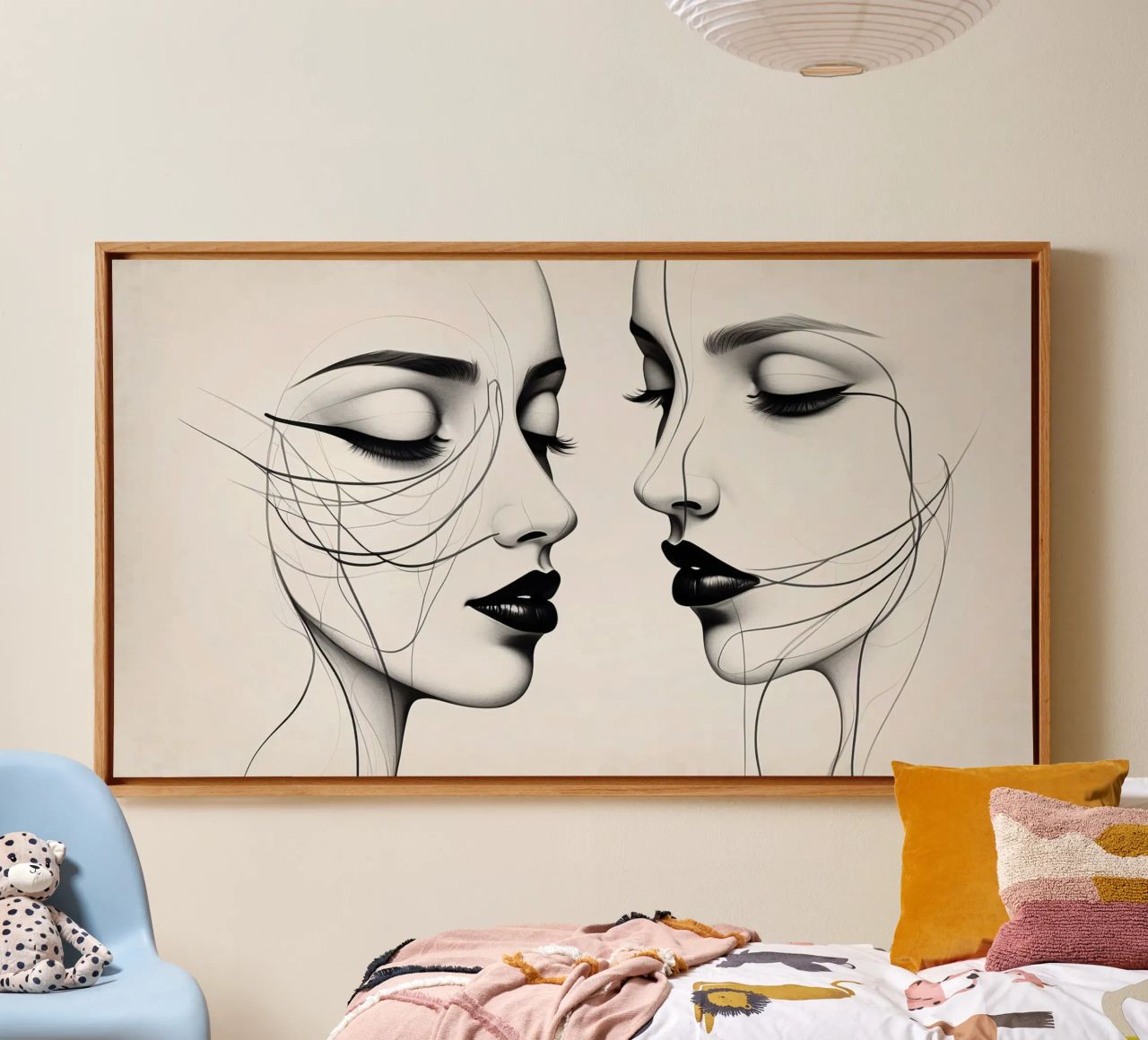 Due eleganti volti di profilo che mostrano un'intricata line art. tela da DesignDoodle