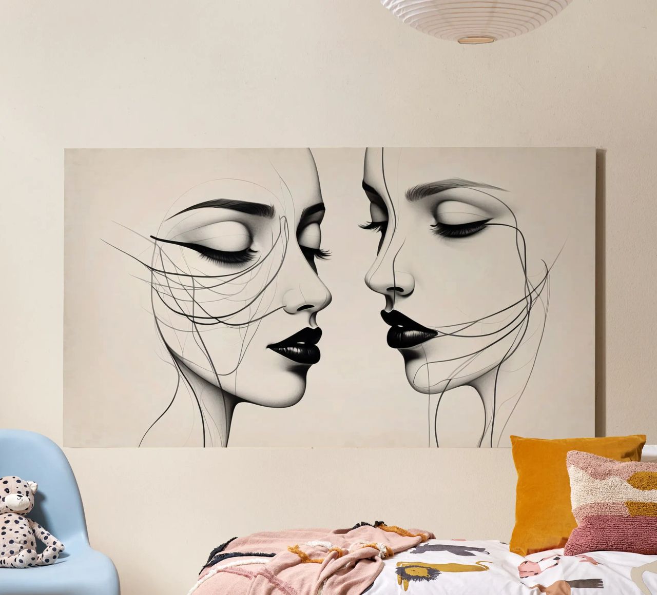 Due eleganti volti di profilo che mostrano un'intricata line art. tela da DesignDoodle