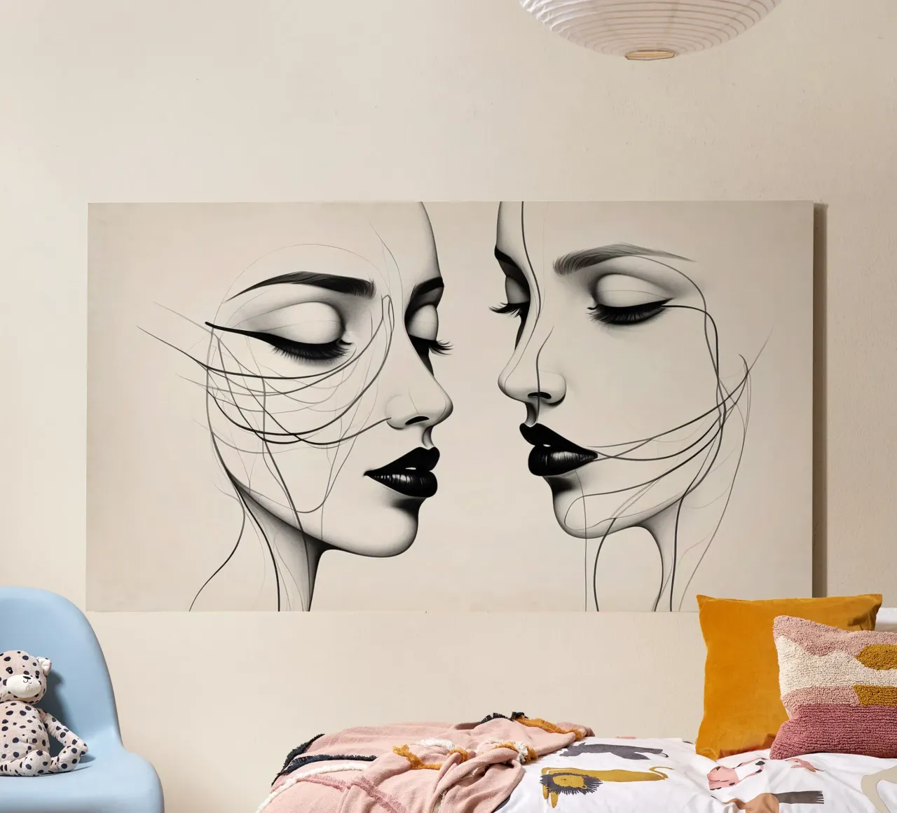 Due eleganti volti di profilo che mostrano un'intricata line art. tela da DesignDoodle