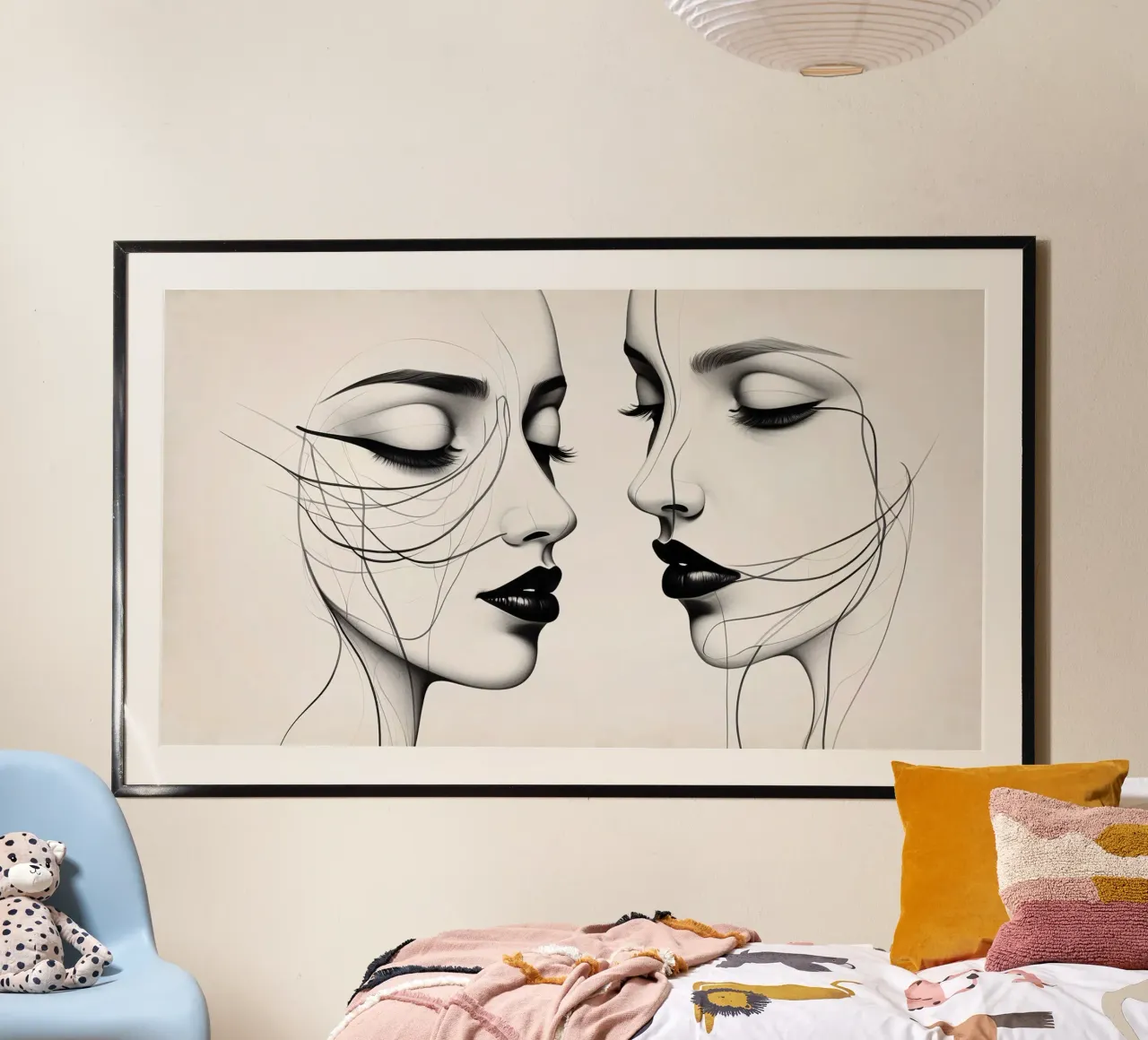 Due eleganti volti di profilo che mostrano un'intricata line art. poster con telaio in alluminio da DesignDoodle