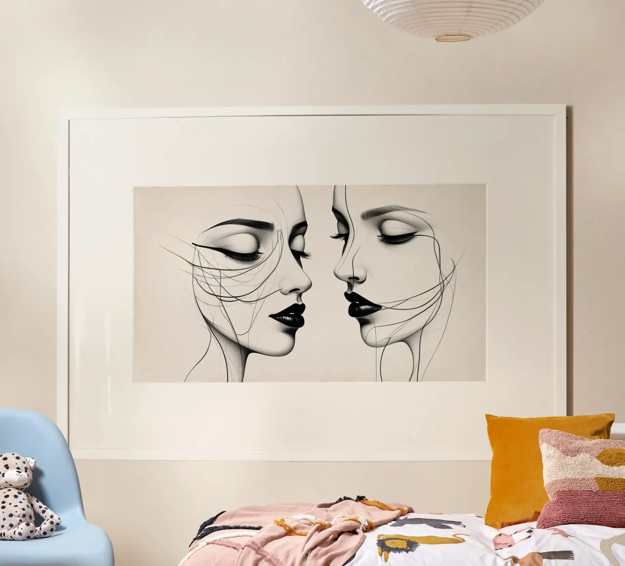 Due eleganti volti di profilo che mostrano un'intricata line art. poster con telaio in alluminio da DesignDoodle