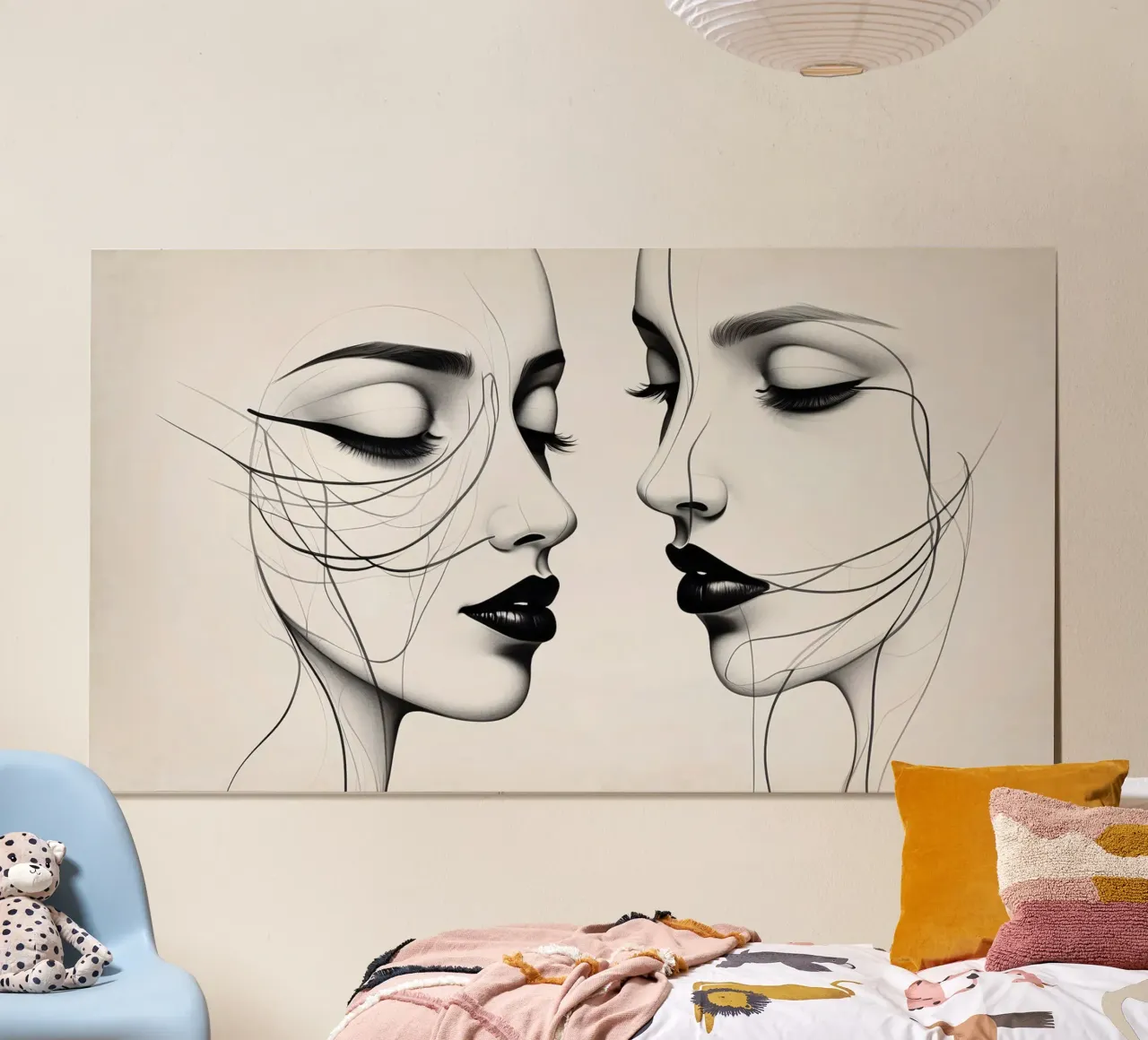 Due eleganti volti di profilo che mostrano un'intricata line art. poster con telaio in alluminio da DesignDoodle