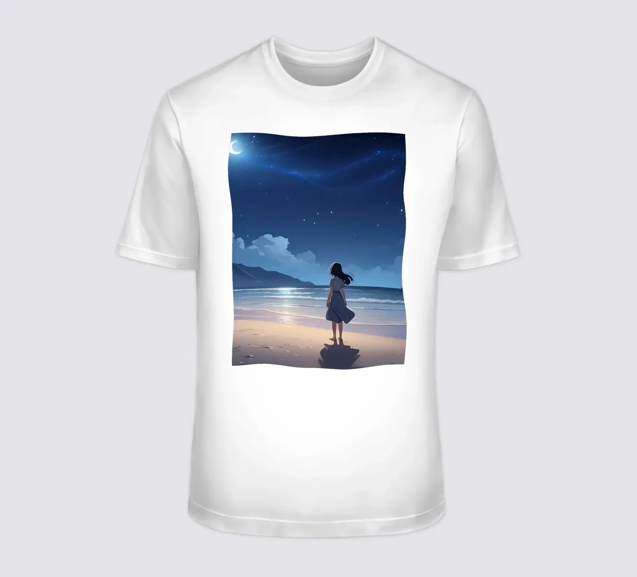 Giovane donna in piedi su una spiaggia serena di notte, guardando t-shirt da DesignDoodle