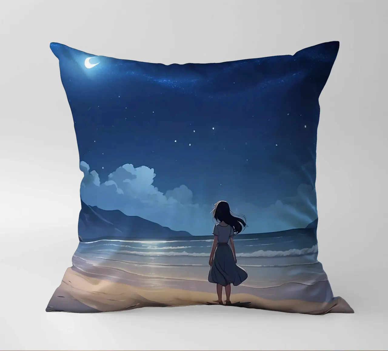 Giovane donna in piedi su una spiaggia serena di notte, guardando cuscino da DesignDoodle