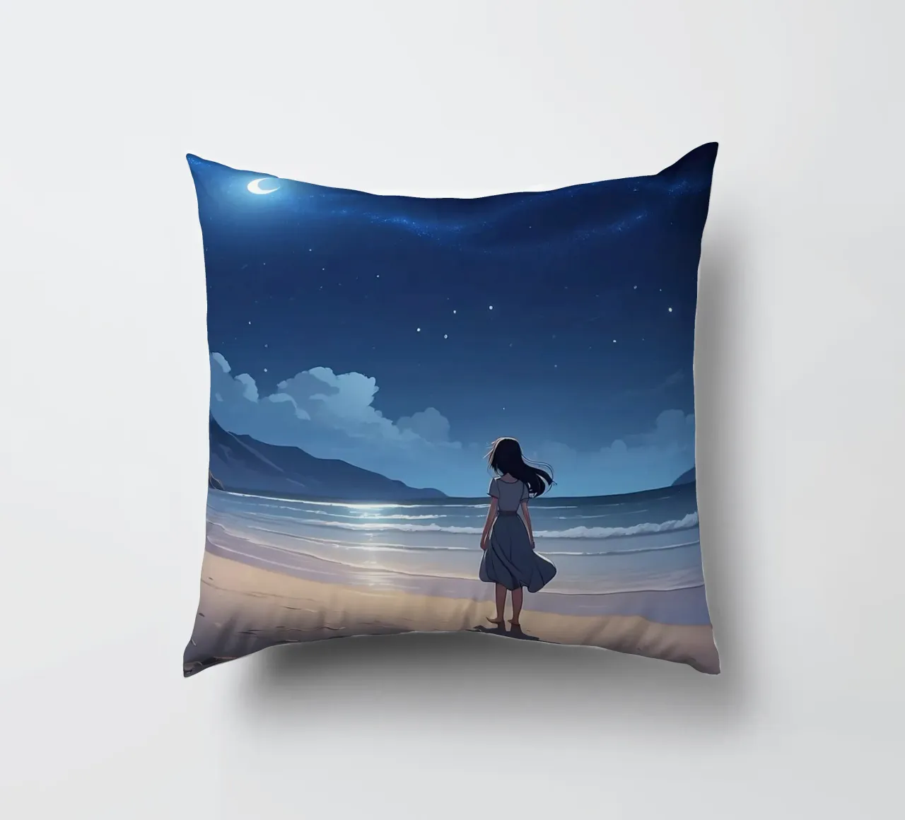 Giovane donna in piedi su una spiaggia serena di notte, guardando cuscino da DesignDoodle