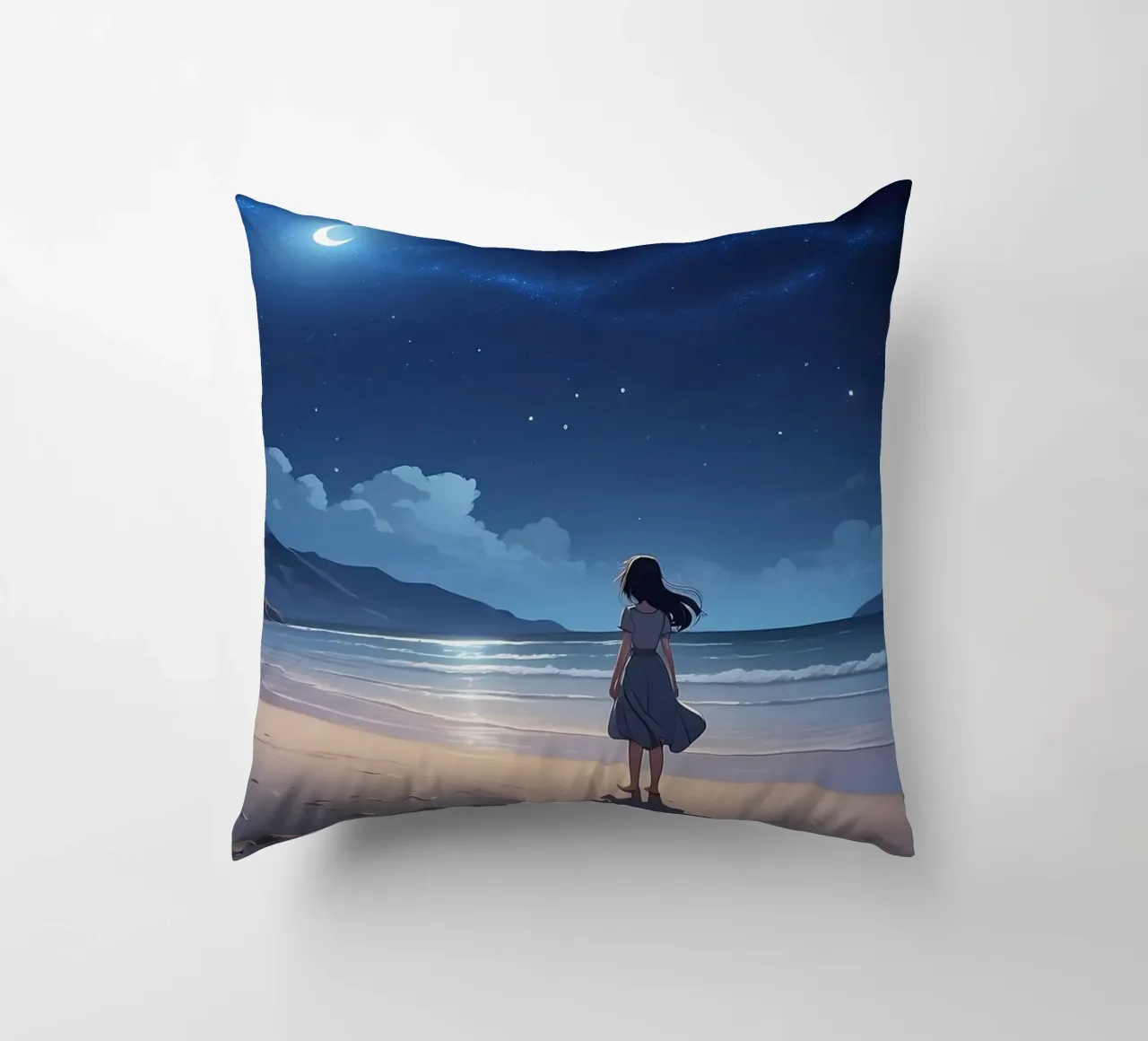 Giovane donna in piedi su una spiaggia serena di notte, guardando cuscino da DesignDoodle