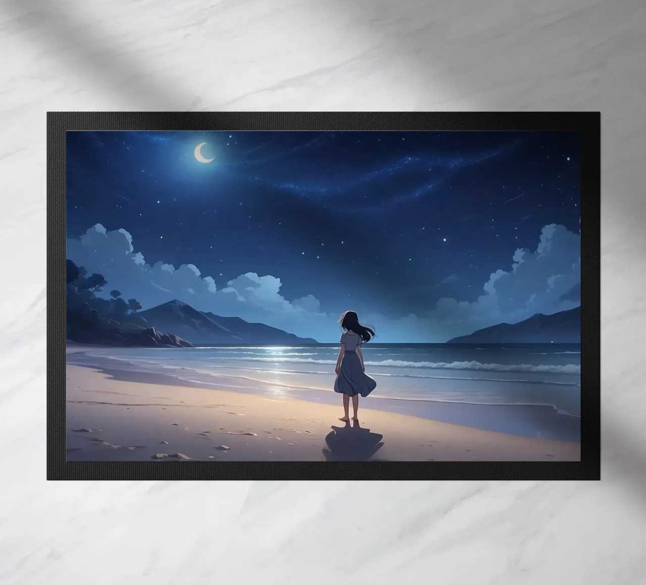 Giovane donna in piedi su una spiaggia serena di notte, guardando zerbino da DesignDoodle